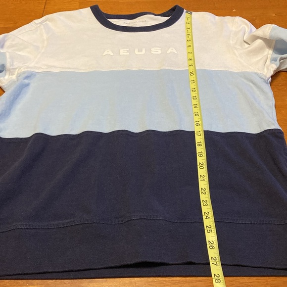 American Eagle Mens Size L Rugby Stripe Colorblock Blue White Long Sleeve Shirt - Picture 9 of 10